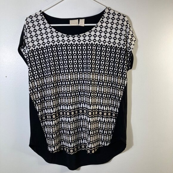 Chicos Tops - Womens Chicos Geometric Cap Sleeve Top M Black White Beige Polyester Spandex